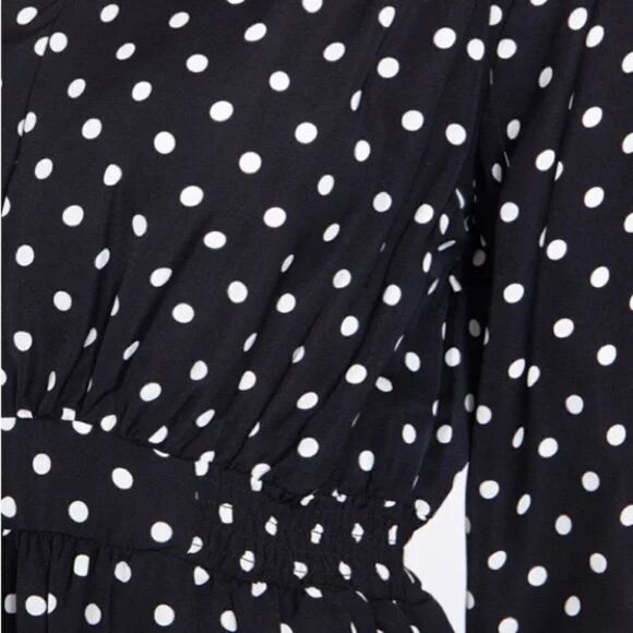 Black V-Neck Long Sleeve Blouse with White Polka Dots - Picture 5 of 5